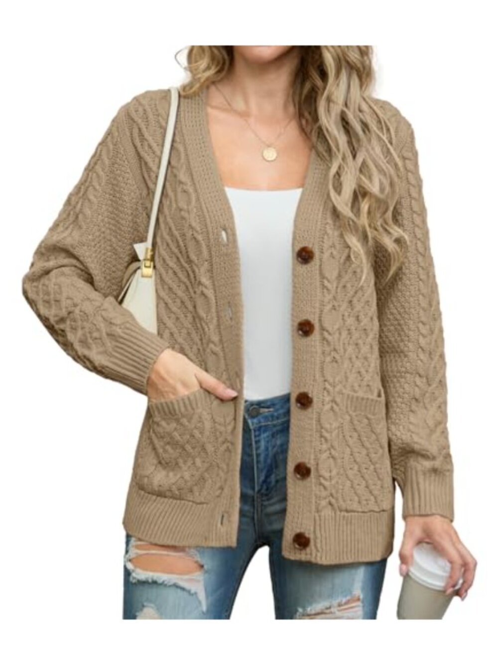 Cable Knit Cardigan Open Front Button Down Long Sleeve Pockets Women's